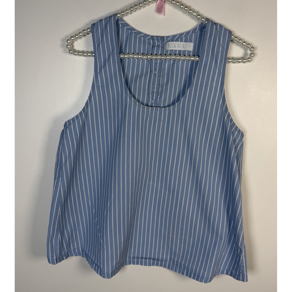LAKE Pajamas Blue & White Stripe Cotton Small Tank Button Back Detail Loungewear